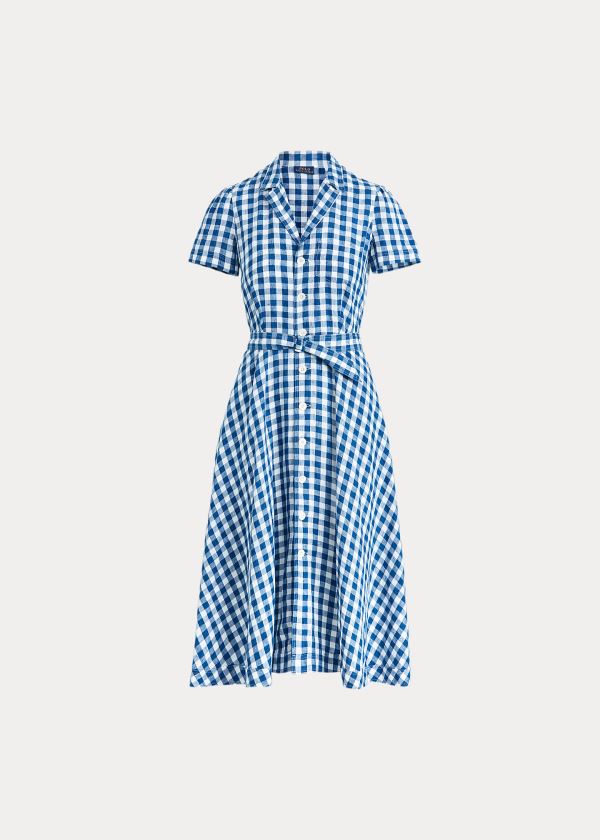 Vestidos Polo Ralph Lauren Mujer Azules / Blancos - Belted Linen Midi - TZJRO7892